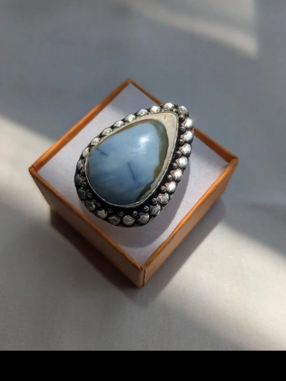 Rare Handcrafted Eye of Owyhee Opal Teardrop Ring (Size 7.25)
